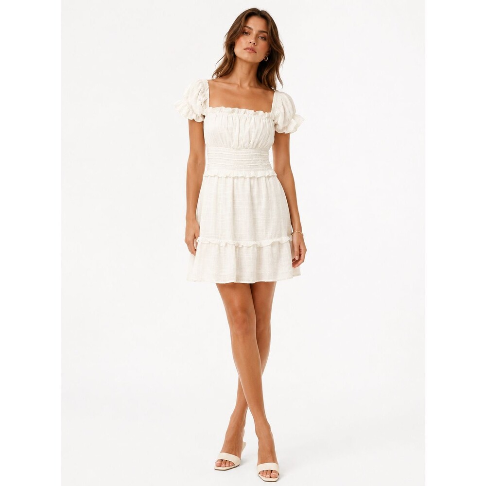 Honey Punch White Silver Accents Ruffle Mini Dress XS Cotton Puff Sleeve
